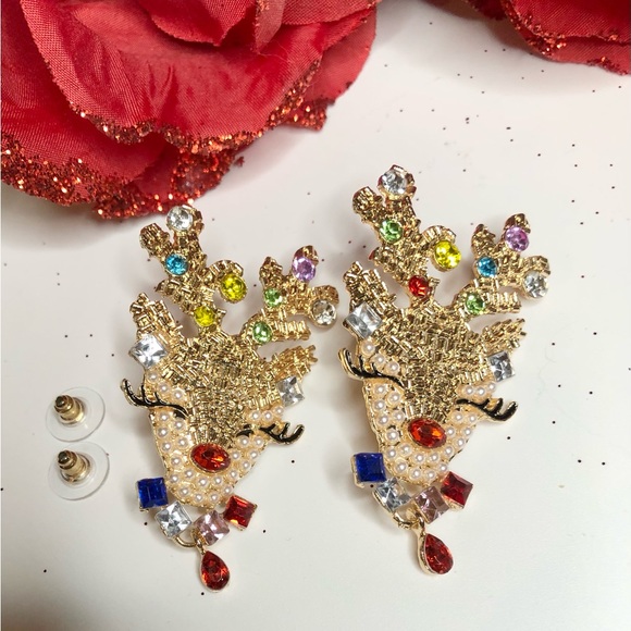 Reindeer Earrings Gold Crystals Stud Post Rudolph New - Picture 5 of 7
